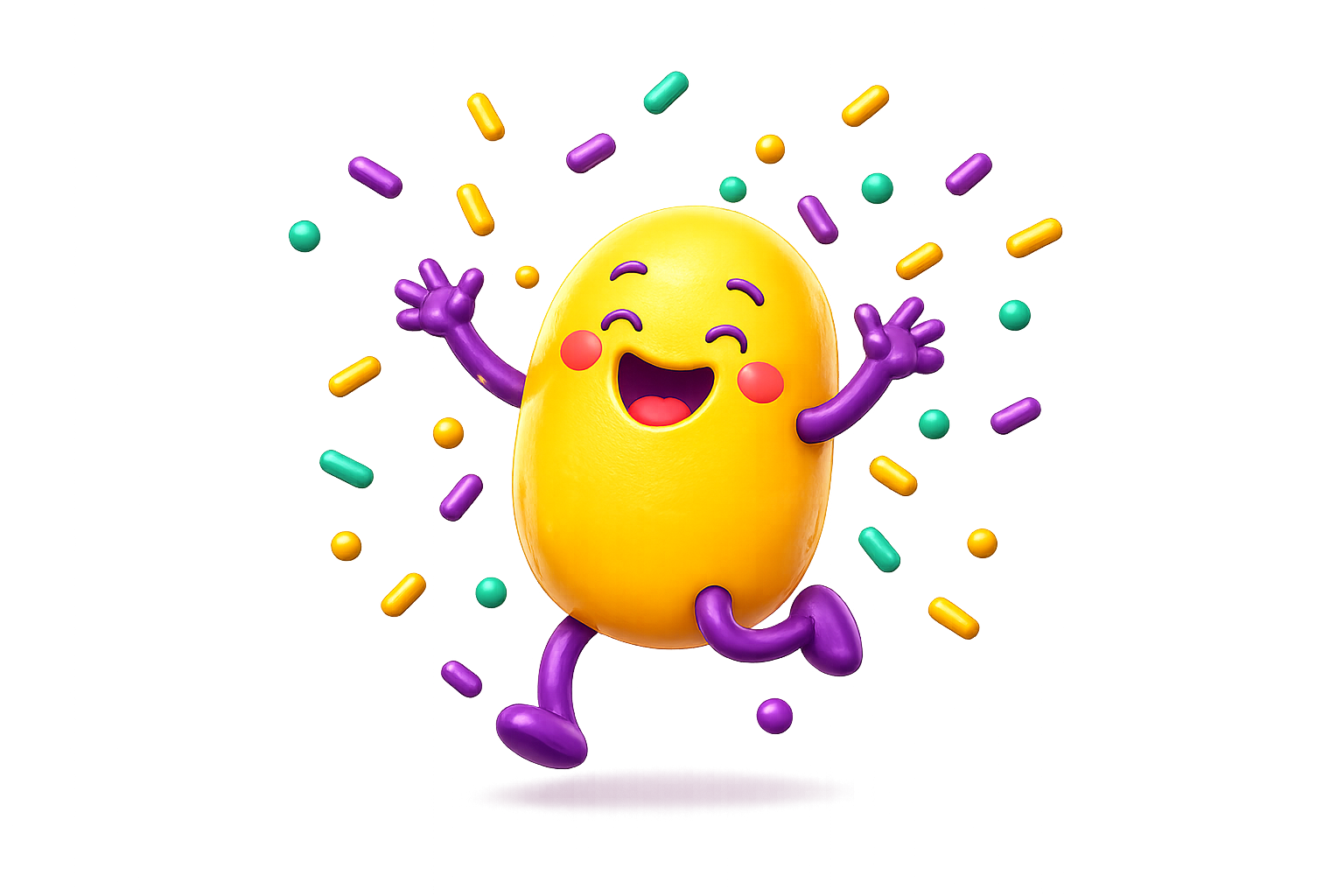 Bean mascot celebrating with confetti
