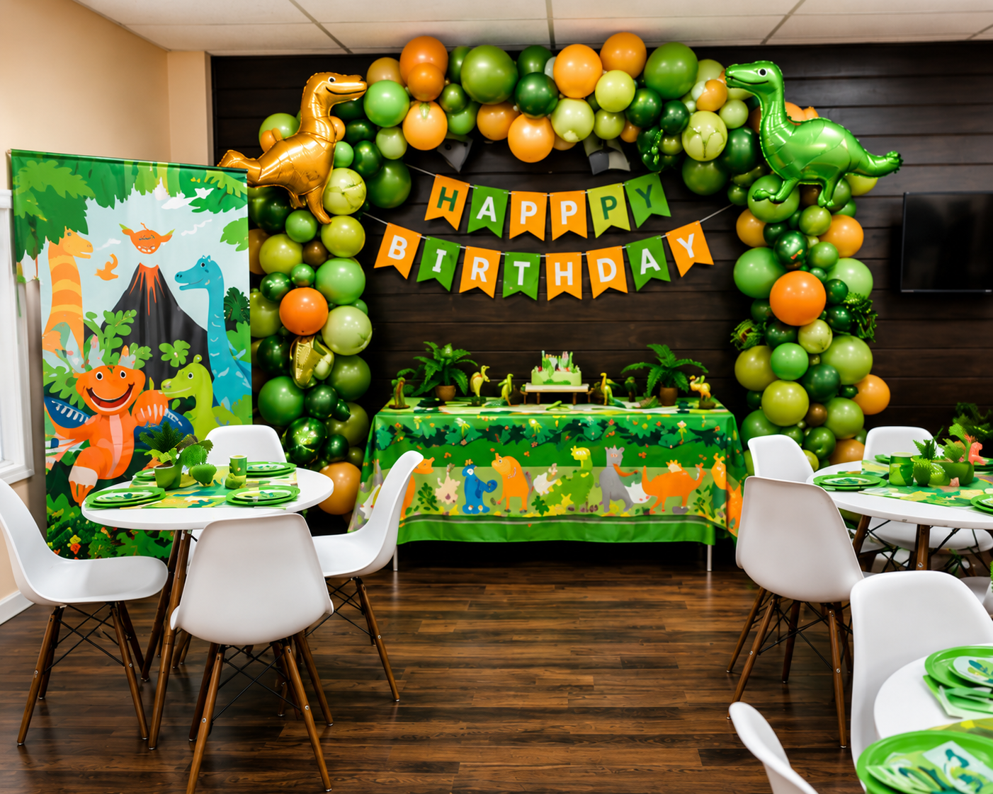 Dinosaur-themed birthday party setup with balloon arch, banner, and dino decorations